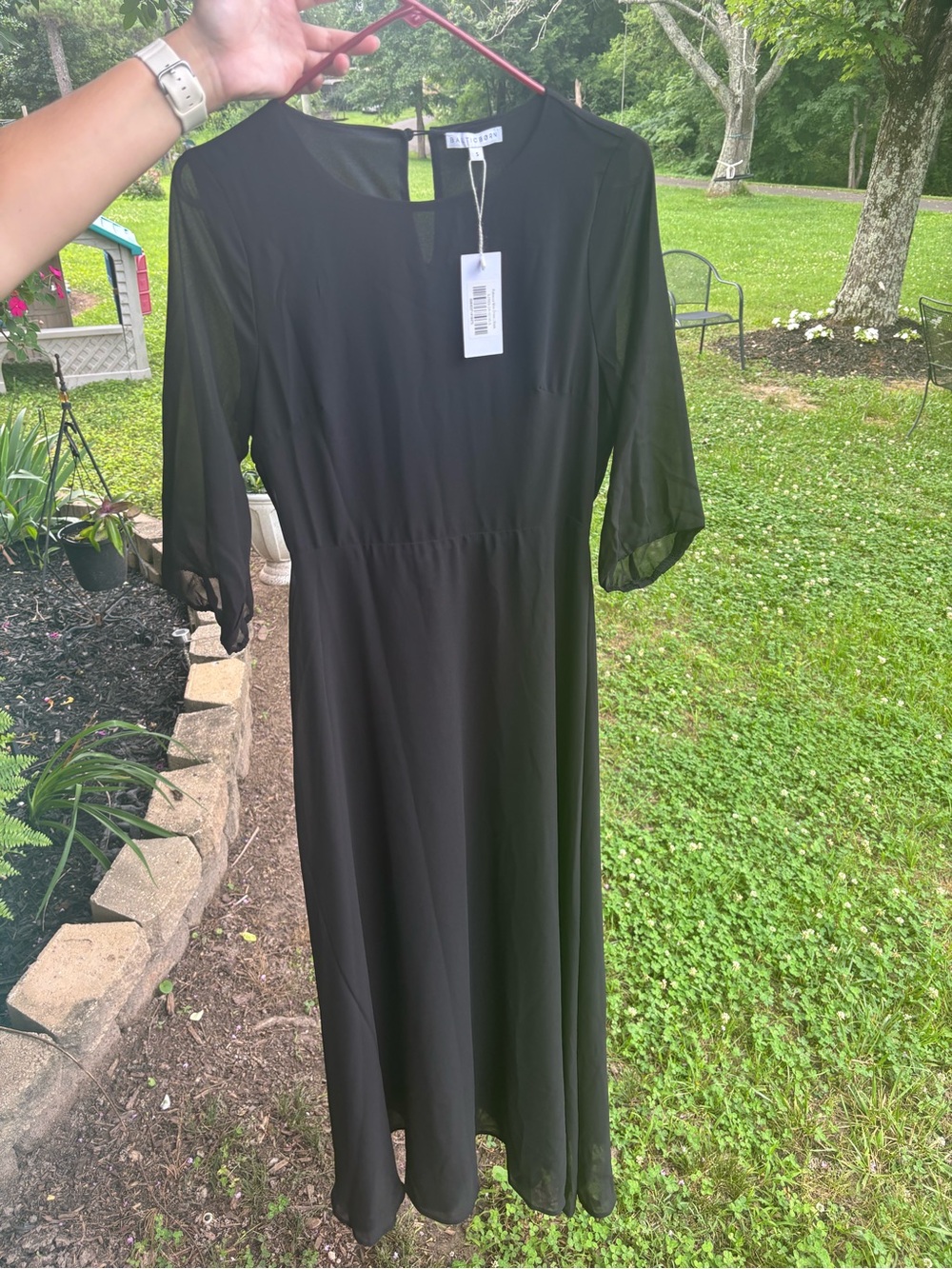 Baltic Born Black Sheer-Sleeve Maxi Dress with Waist Tie